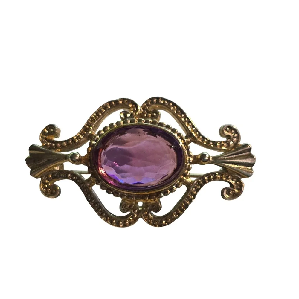 Vintage Regency Purple Glass Brooch‎ Gilded Gold Tone Statement Jewelry 2